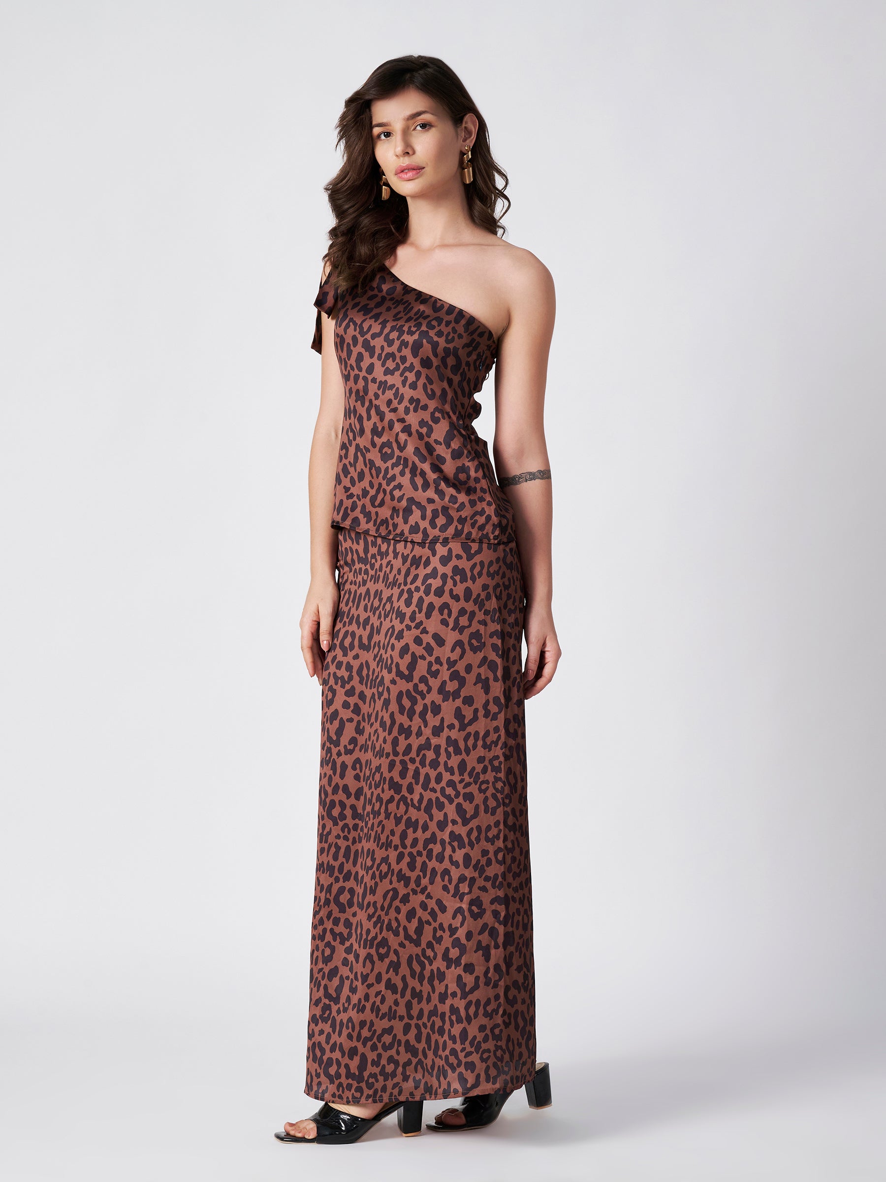 MOCHA LEOPARD PRINT ONE- SHOULDER  TOP