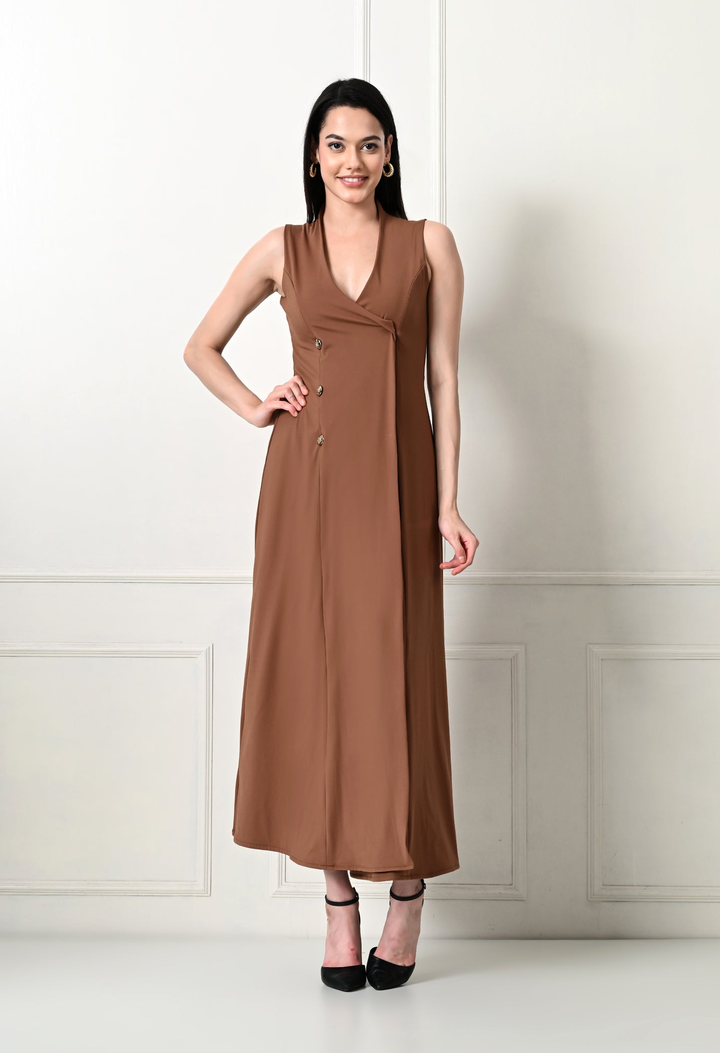 V-neck Sleeve Less Fit and Flare Long Dress