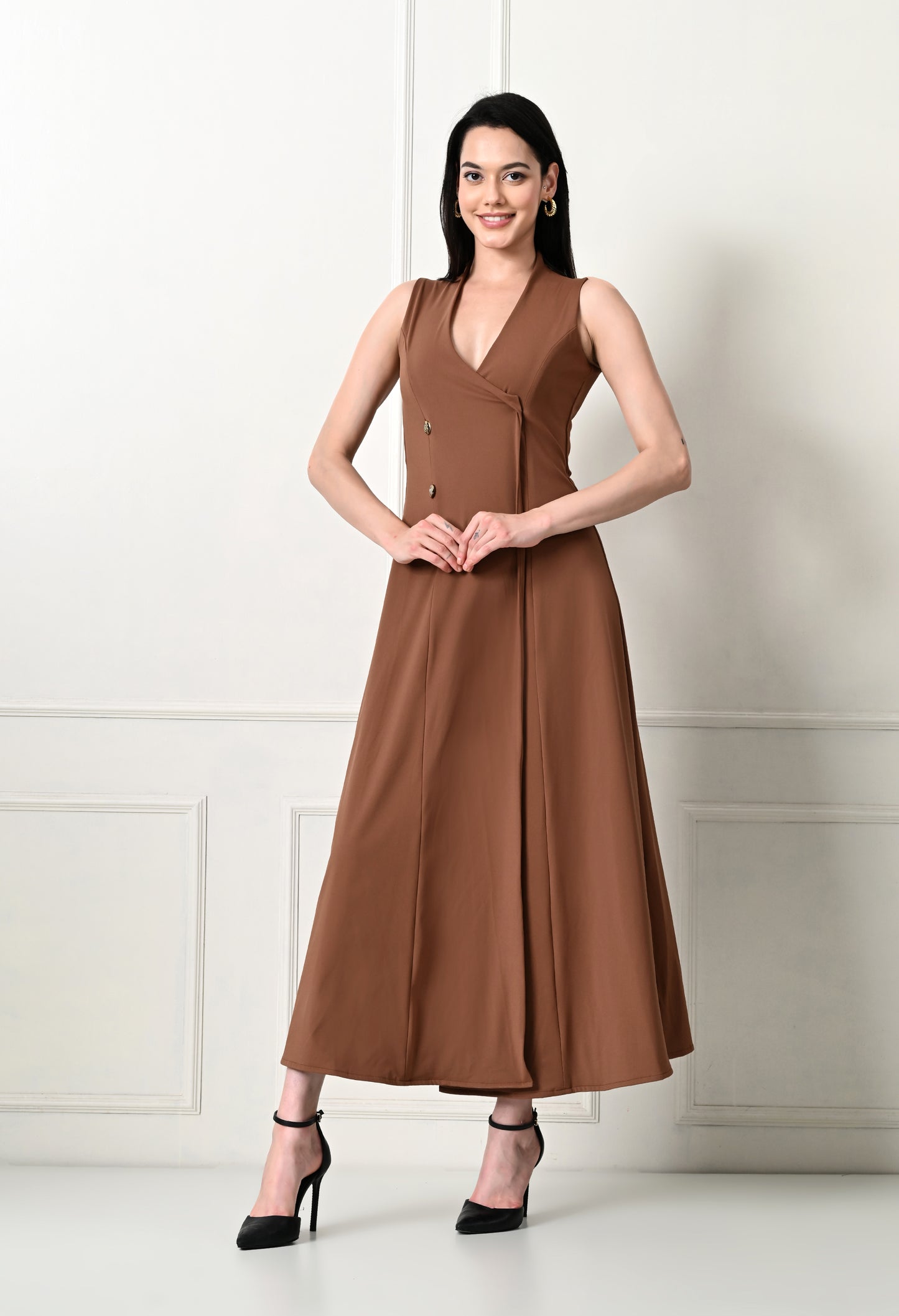 V-neck Sleeve Less Fit and Flare Long Dress