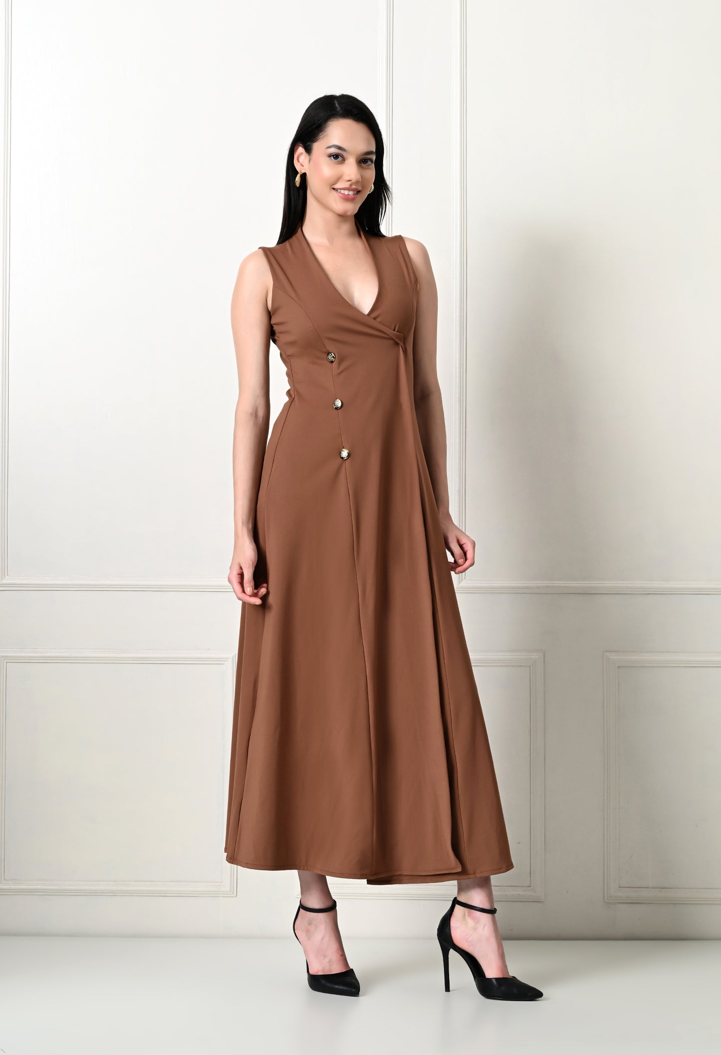 V-neck Sleeve Less Fit and Flare Long Dress