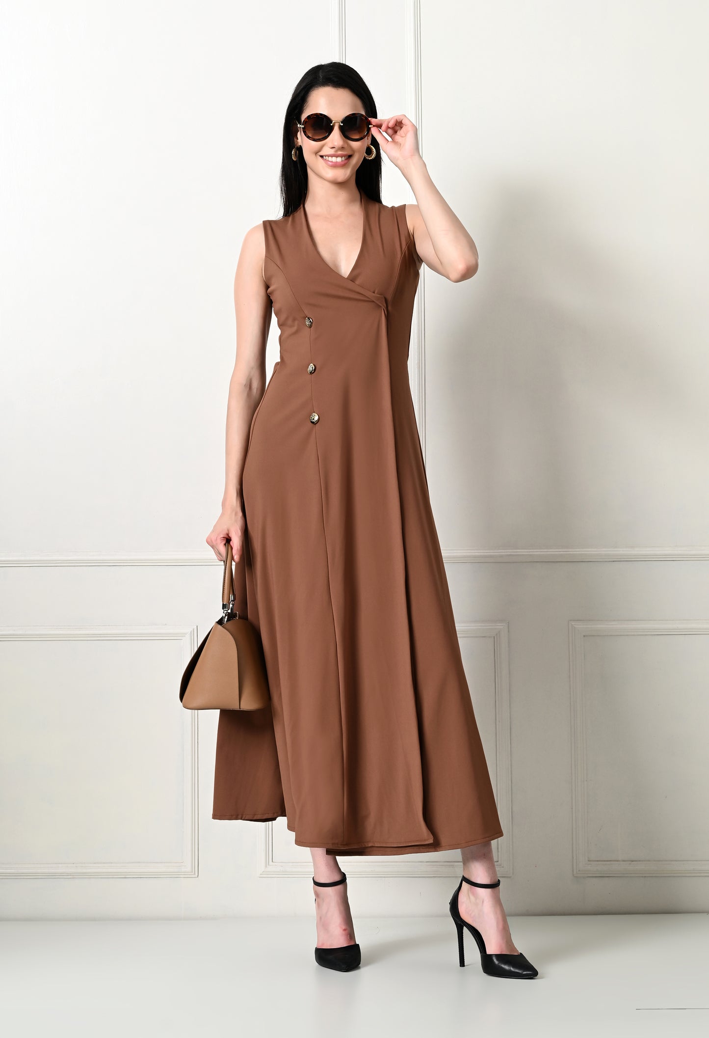 V-neck Sleeve Less Fit and Flare Long Dress