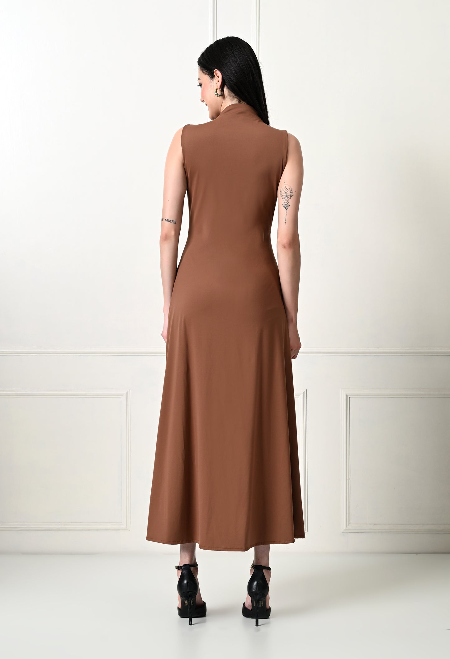 V-neck Sleeve Less Fit and Flare Long Dress